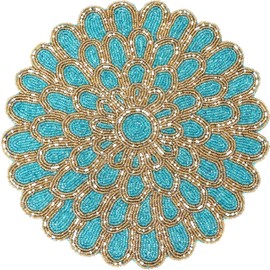 Handmade Beaded Placemat - 13” Round Dining Table Charger | Glass Bead & Polyester | Elegant Decorative Table Mat for Home, Kitchen, Weddings & Parties - ALPHA Living HOME (Dark Teal Gold)
