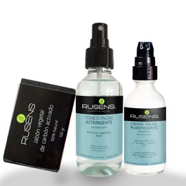 Rusens - Kit Antiacné, Regula la Producción de Grasa y Elimina Imperfecciones. Contiene Jabón de Carbón Activado, Tónico Astringente y Crema Purifican