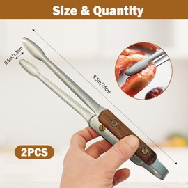 2-Pack 9.5" Stainless Steel Kitchen Tongs with Wooden Handle, Cooking Tweezers for Grilling, BBQ, Salad, Plating & Serving