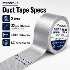 STRBOXONG Nastro Americano Grigio Argento 48mm x 20m, 3 Rotoli, Nastro Telato 210 Micron Impermeabile, Duct Tape Extra Forte, Strappabile a Mano, Senza Residui per Tubi e Metallo
