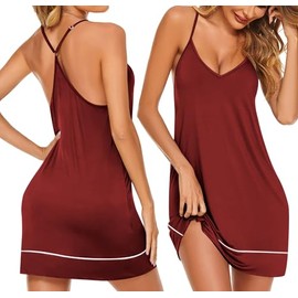 Ekouaer Women's V Neck Racerback Sleeveless Nightgown Wine Red Large