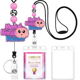 Plifal Teacher Lanyards for Id Badges Reel Retractable Keys Holder Cute Mental Health Beaded Card Keychain for Women Student Work School Office