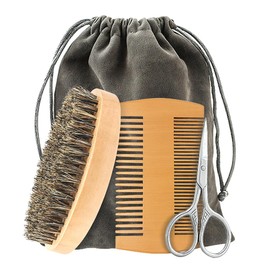 POFET 3 Pieces Boar Bristle Beard Brush For Men Set Portable Hair Comb For Combing Beard Hair Removing Debris Massages Face