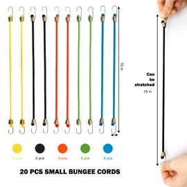 20 Pack Heavy Duty Bungee Cords with Hooks - 10 Inch Adjustable Rubber Straps for Camping, RV, Bike, Luggage (Green, Blue, Orange, Yellow, Black)