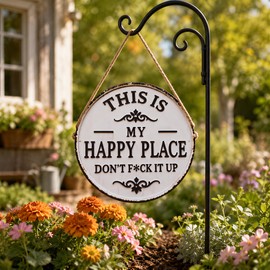 Funny Garden Metal Sign "This Is My Happy Place Don't F It Up" 12x12 Inch Vintage Round Welcome Sign, Wall Decor for Home Garden Farm Patio Coffee Bar