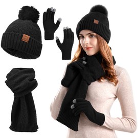 AUTOWT Gorro De Invierno para Mujer Bufanda Guantes Set 3 en 1, Suave y Cálido Gorro de Punto Guantes con Pantalla Táctil Bufanda, Larga para Regalo Actividad al Aire Libre y Uso Diario