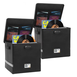 tidytech 2 Packs Vinyl Record Storage Box with Smart Labels,Fireproof Record Crate Collapsible Waterproof Album Storage with Lid for LP Album Collection,100+ Single Records,Combination Lock Black
