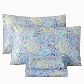 RYNGHIPY Cotton Sheets Floral Print Queen Size Sheet Sets Flower Botanical Pattern Egyptian Cotton Bed Sheets Soft and Breathable Deep Pockets (Blue,Queen Size)