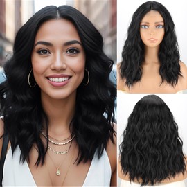 MISSQUEEN 18 Inch Short Wavy Black Wig for Women Medium Length Black Bob Style Synthetic Heat-resistant Natural Realistic Black Hair Wig for Everyday Hairstyle Cosplay Party Use