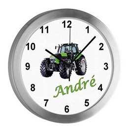 CreaDesign Children's Radio-Controlled Wall Clock with Name, Children's Room Radio-Controlled Clock, with Analogue Dial, Low Noise, Child Wall Clock, Tractor Motif
