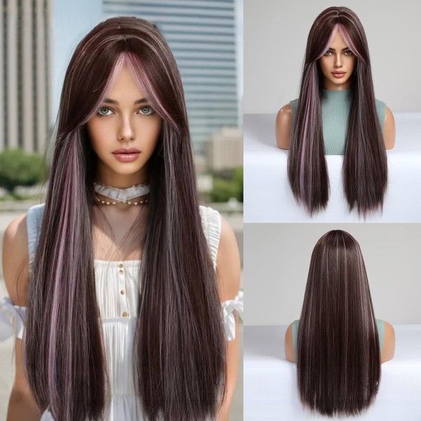Long Dark Brown Wig with Lavender Highlights Center-Parted Curtain Bangs