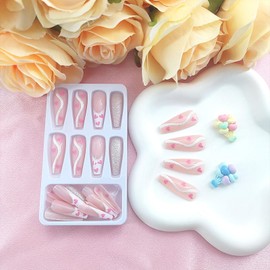Valentine's Day Press on Nails Coffin Long French Tip False Nails with Silver Glitter Lines Design Pink Heart Glue on Nails Press ons Nude Full Cover Fake Nails Glossy Valentines Nails for Women 24Pcs