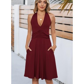 Wkior Womens Sundress Summer Beach Vacation Sleeveless Halter Neck A-Line 2025 Boho Midi Dress with Pockets Wine Red L