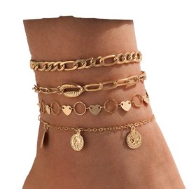 Wekicici 4pcs Coin Heart Shell Ankle Bracelets Boho Gold Anklet Layered Circle Link Chain Anklets for Women Girls Foot Accessories