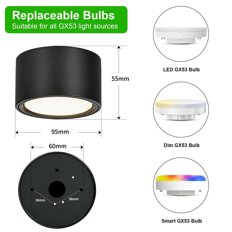 KYOTECH LED Surface-Mounted Light, Black, Surface-Mounted Spotlight, Flat with 6
