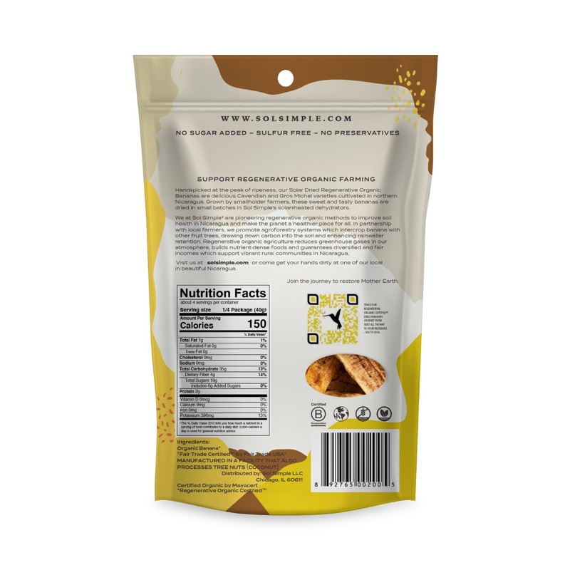 SOL SIMPLE Regenerative Organic Certified, Dried Banana | 6oz Snack