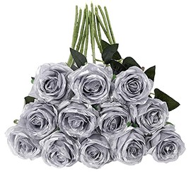 Tifuly - Rosas artificiales plateadas de seda - 12 piezas, ramo de rosas de tallo largo realistas, flores de seda falsas para centro de mesa de fiesta, hogar, boda, decoración de hotel y oficina