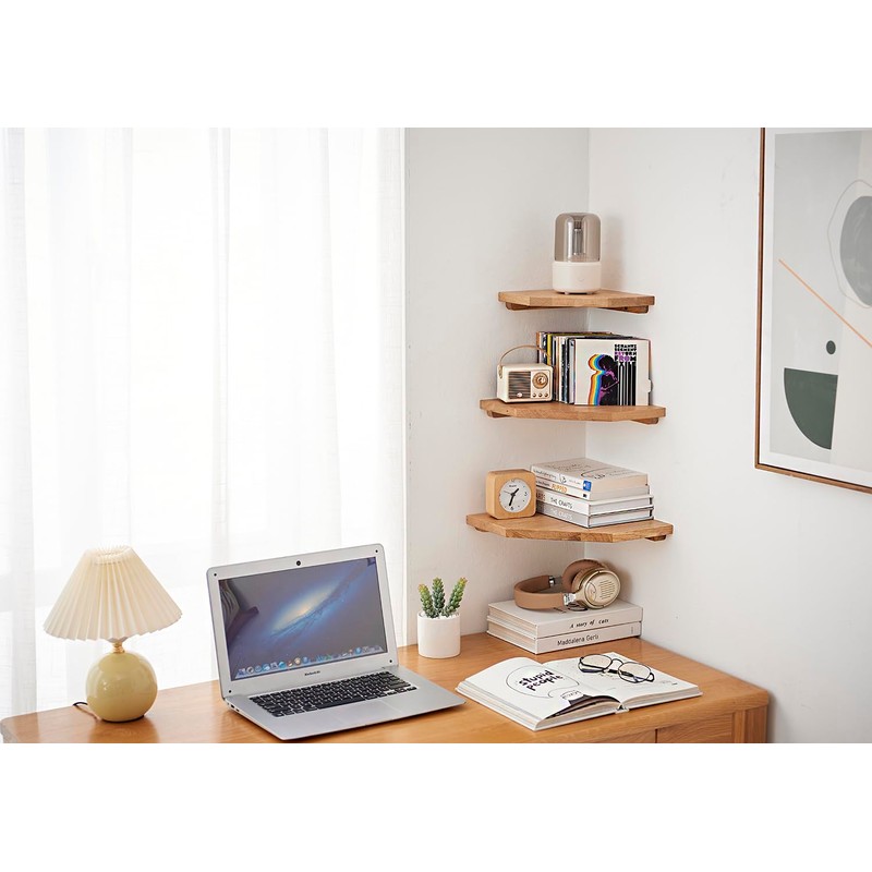 OAKERLAND Oak Floating Corner Shelf with Hidden Cables Channel, Solid