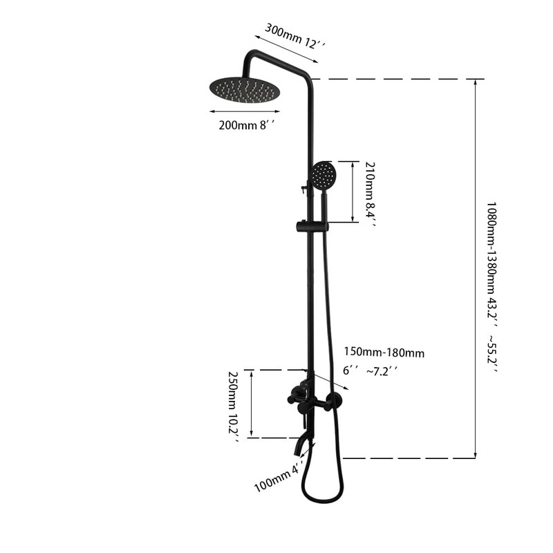 Washly 8" Black Rain Shower Faucet Set Round Jets Handheld