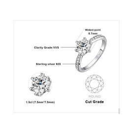 JewelryPalace Classic 1ct 1.5ct 2ct 3ct Round Cut Moissanite Solitaire Promise Ring Women's Engagement Ring 925 Silver with Stone Women Simulated Diamond Anniversary Wedding Rings Silver Rings,