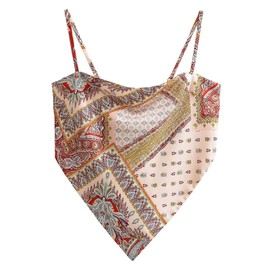 Women's Boho Paisley Print Satin Bandana Top Hanky Hem Tie Back Adjustable Spaghetti Strap Cami Tube Tops