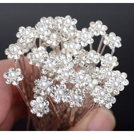 AKOAK 40 Pcs Bride Diamond Pearl Flower Tiara Wedding Bridesmaid Pearl Flower Hair Pin Delicate and Elegant Female U-pin Metal Hair Fork for Women's Hair Jewelry