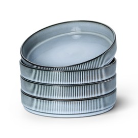 E-far Pasta Bowls Set of 4, 35oz Large Salad Bowl Plate for Dinner Serving Soup, Wide & Shallow Ceramic Stoneware Pasta Plates, Microwave & Dishwasher Safe, Reactive Glaze Textured Stripes, Dusty Blue