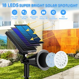 KEV 800 Lumens Solar Spot Lights Outdoor,18 LEDs Solar Flood Lights with 2 Modes &Adjustable &IPX65 Waterproof,Solar Spotlight for Driveway/Backyard/Patio Landscape/Tree/Garage(Warm White,2 Pack)