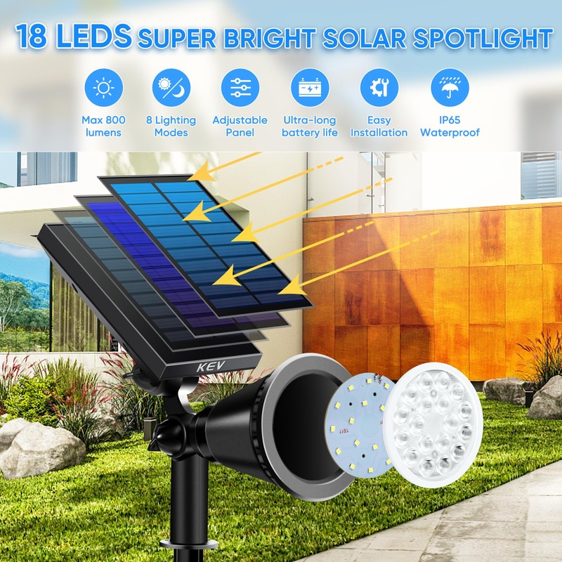 KEV 800 Lumens Solar Spot Lights Outdoor,18 LEDs Solar Flood