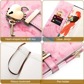 Mousbull Marble Diary with Lock and Key and Pen for Girls, Cute Heart Shaped Lock Journal for Women, Refillable A5 Vintage Secret PU Leather Notebook Gift for Teen Girls - Light Pink