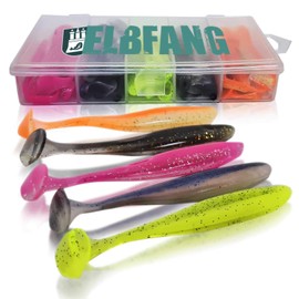 Elbfang© 20-Piece Rubber Fish Set for Zander (Pike-Perch) Fishing + 50 Snap Swivels - Including Artificial Bait Box