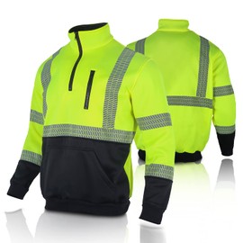 FONIRRA High Visibility Safety Sweatshirt ANSI Class 3 Fleece 1/4 Zip Pullover sweater with Black Bottom for Men(Yellow,L)