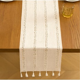 Tischläufer Beige (30x140 cm) - Makramee Tischdecke aus Baumwolle-Leinen im Boho-Landhausstil | Schmaler Tischläufer für Hochzeit, Esstisch & Deko | Waschbar & langlebig