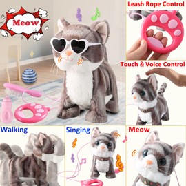 Marsjoy Colorful Leash Walking Cat Set Singing That Purrs and Meows Animated Plush Robot Kitten Moving Plush Realistic Stuffed Animal Remote Control Cute Kawai Robotic Kitty Toy for Girl