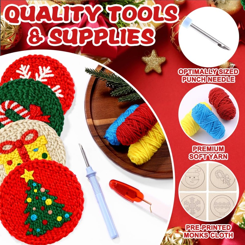 XIMISHOP 8PCS Christmas Punch Needle Coasters Kit，Easy Punch Needle Starter