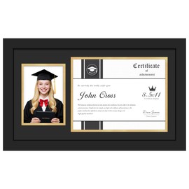 Picrit 11x19 Wood Diploma Frame and Pictures Frame for 8.5x11 Certificate/Degree Document & 5x7 Graduation Photos, with Tempered Glass, Black over Gold Mat, Wall Mount Display