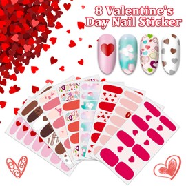 SILPECWEE 8 Sheets Valentine's Day Nail Wraps for Women Nail Polish Strips Self Adhesive Nail Polish Stickers Gel Nail Strips Heart Nail Decals Manicure Sticker for Nail Art with 1pc Nail File