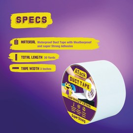 ATack Super Strong Duct Tape, White, 3 Inches x 30 Yards Waterproof Duct Tape for Outdoor, Indoor, School and Industrial Use | Heavy-Duty, Waterproof and Weatherproof