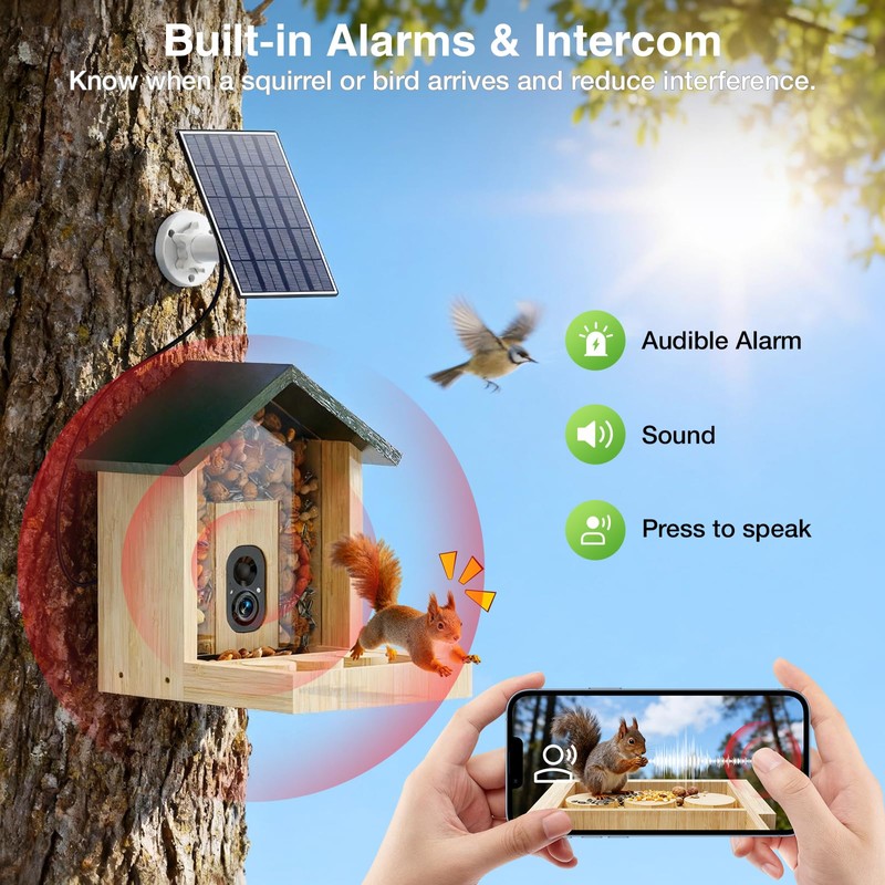 Wooden Squirrel Feeder with Camera, Solar-Powered, 2K HD+ Video