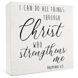 FHUGX Christian Wooden Box Sign 5x5 Inch,I Can Do All Things Through Christ Who Strengthens Me Sign For Home Living Room Bedroom Office Shelf Table Decor,Christian Bible Decor