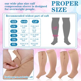Hillban 2 Pair Plus Size Calf Zipper Compression Socks 15 to 25 Mmhg Open Toe Compression Stockings for Overweight Women Men, Nude, XX-Large
