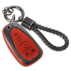 CTRINEWS for Chevy Key Fob Cover with Metal Braided Rope Keychain, Upgraded TPU Surface Grain Key Case for Malibu Equinox Blazer Trax Traverse Camaro Volt (5 Buttons) (Red, B1)