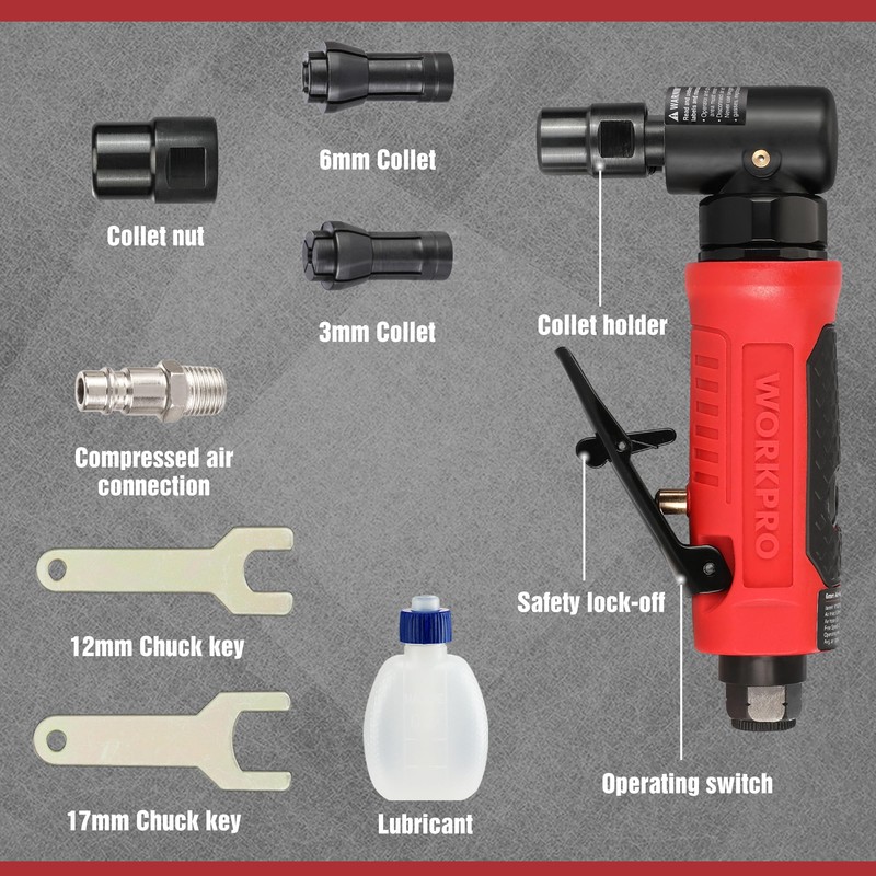 WORKPRO Compressed Air Rod Grinder 90° Angle Grinder 1/4 Inch