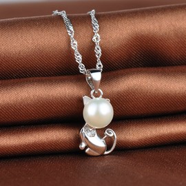 Unendlich U Women's Necklace Cat Kitten 8 mm Pearl Pendant 925 Sterling Silver Pearl Necklace Girls Chain Rose Gold/Silver, Sterling Silver, Pearl