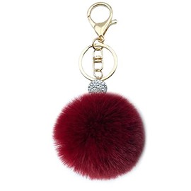 Xsclpomddy Pom Pom Keychain Artificial Soft Rabbit Hair Bag Pendant Ball Silver Water Crystal Keyring for Handbag Car Pendant Decoration, weinrot