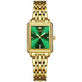 OLEVS Watches for Women Green Face Small Wrist Analog Quartz Watches Classic Fashion Stainless Steel Square Cuff Watches Casual Luminous Waterproof Gold Slim Dress Women Watches