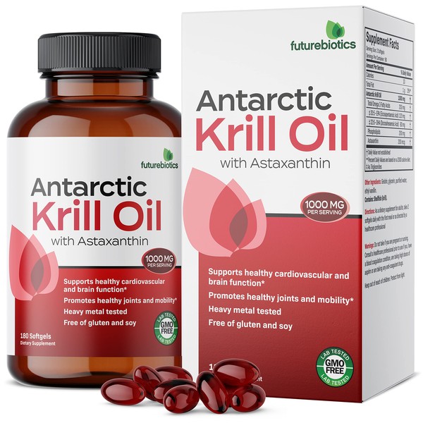 Futurebiotics Antarctic Krill Oil 1000mg with Omega-3s EPA, DHA, Astaxanthin and Phospholipids - 100% Pure Premium Krill Oil Heavy Metal Tested, Non GMO – 180 Softgels (90 Servings) …