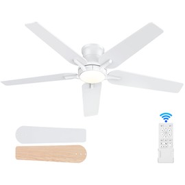 POCHFAN 52 Inch White Ceiling Fans With Lights and Remote, Flush Mount Low Profile Ceiling Fan, Dimmable 6 Speeds Noiseless Reversible Modern Ceiling Fan for Bedroom, Living Room, Patio