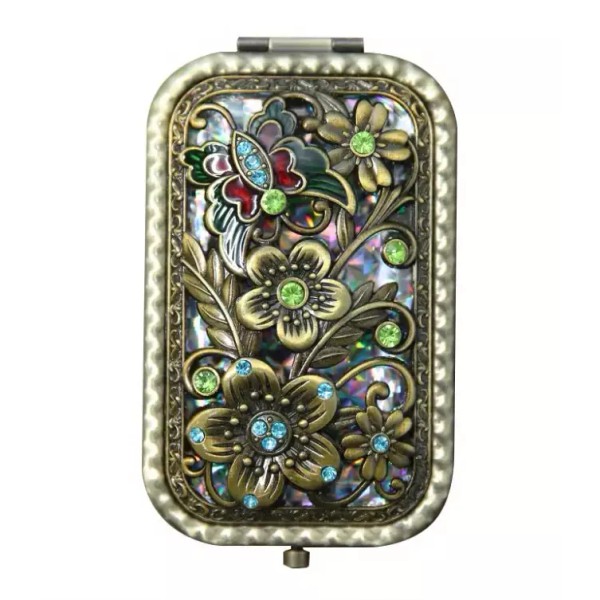 Vintage Handheld Compact Foldable Mirror - Beautiful Flower Design -
