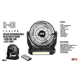 QFX Solar Rechargeable Bluetooth Radio + 3-Speed Cooling Fan + 3-Level LED Light